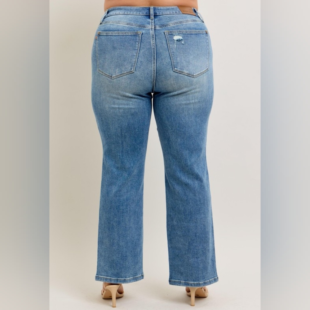 Judy Blue High-Rise Split Hem Distressed Straight Leg Boyfriend Jeans Denim Pant - Picture 3 of 16